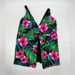 Catherines SwimSuit Top Womens 30W Black Floral Tropical Print V-Neck